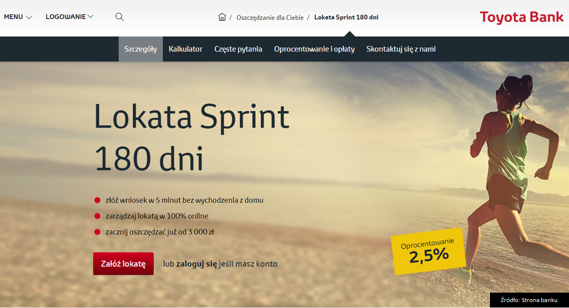 Lokata Sprint 2,5 na 6M (do 180 tys. PLN) Toyota Bank