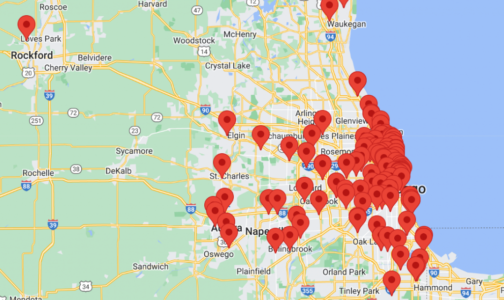 Mapa napadów na banku w Chicago